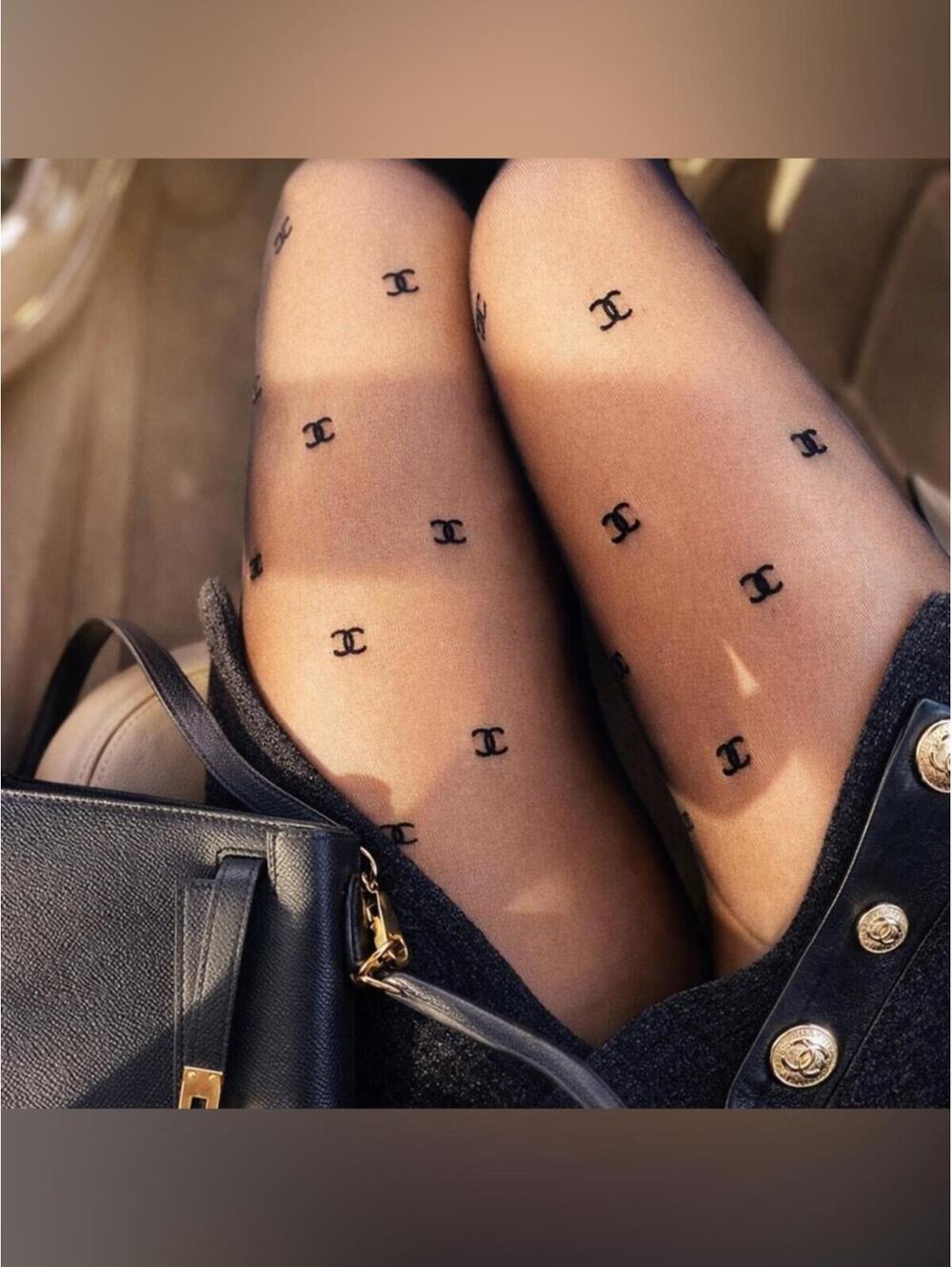 CHANEL CC Logo Runway Sheer Black Stockings Tights S/M Limited Edition Authentic